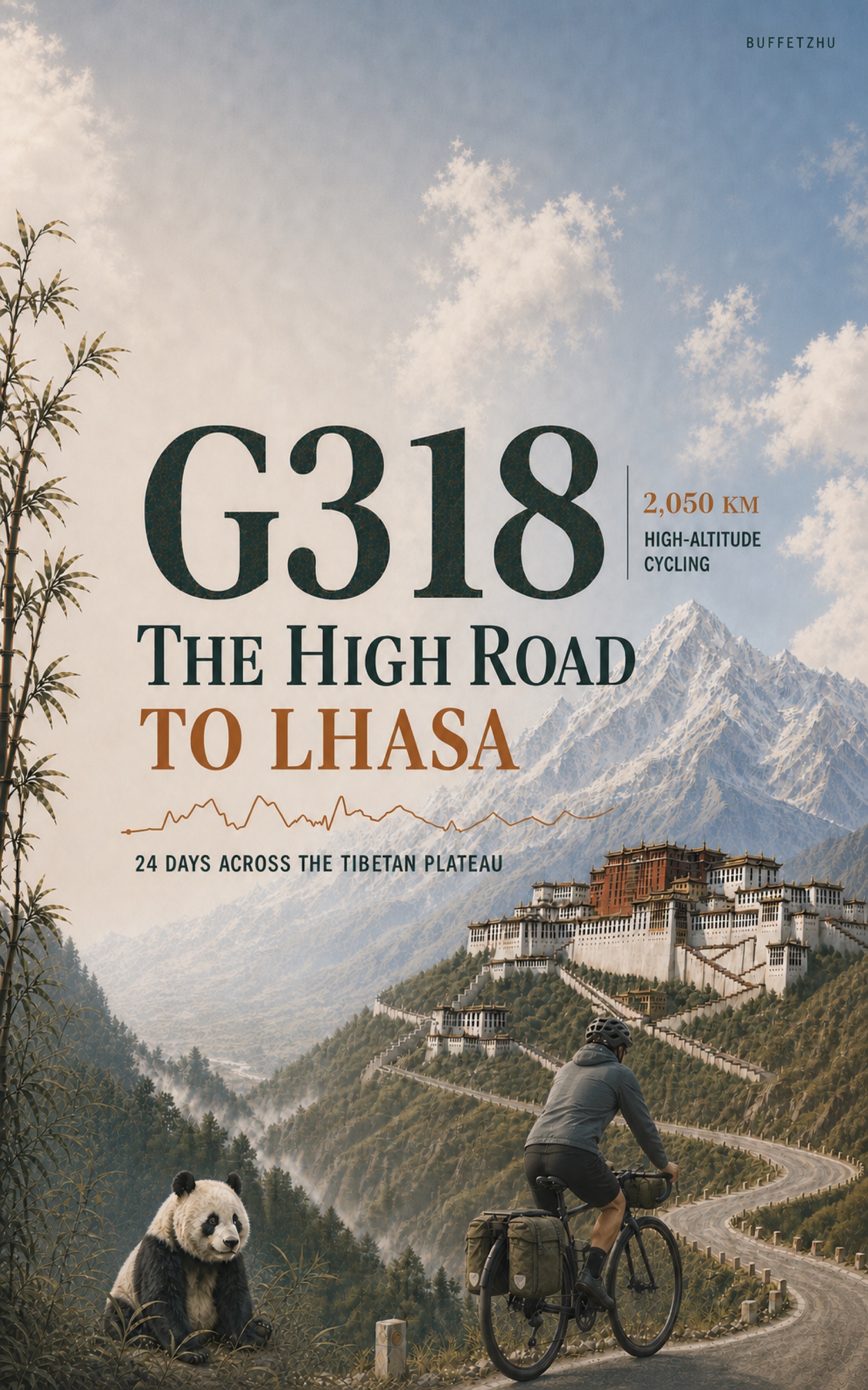 Cover of G318: The High Road to Lhasa, showing a touring cyclist, mountain road, Potala Palace illustration and a panda
