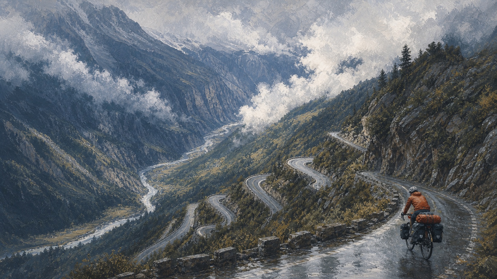 Stylised gouache atmosphere study of a loaded cyclist descending a wet mountain road