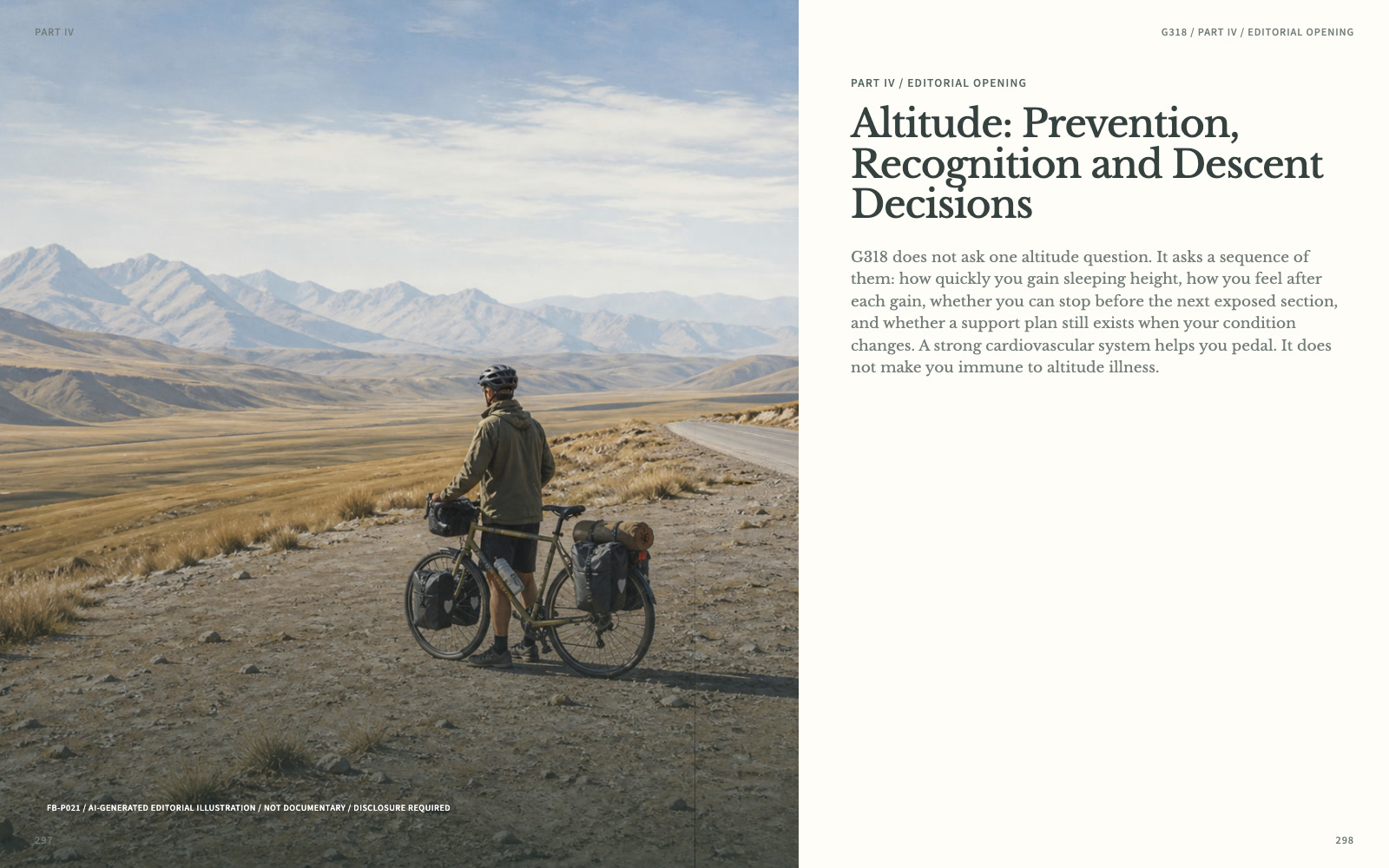 Roadbook editorial spread with a stylised cyclist in a high-altitude landscape beside the title Altitude: Prevention, Recognition and Descent Decisions