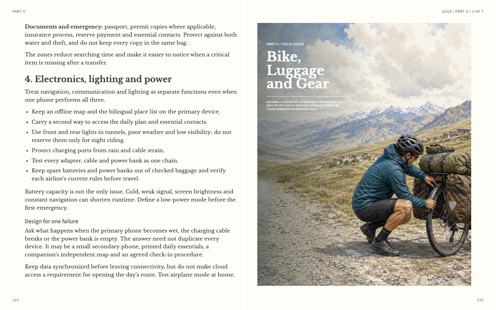 Roadbook spread pairing field guidance with an illustrated cyclist repairing a loaded touring bicycle