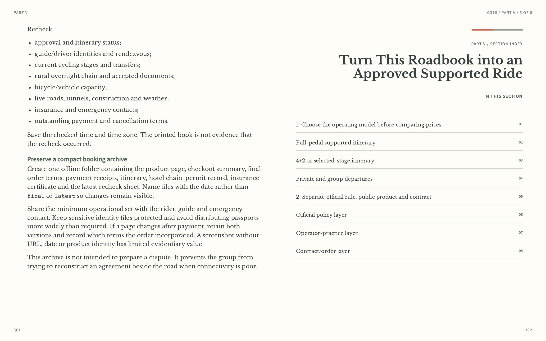 Roadbook spread for turning the route into an approved supported ride